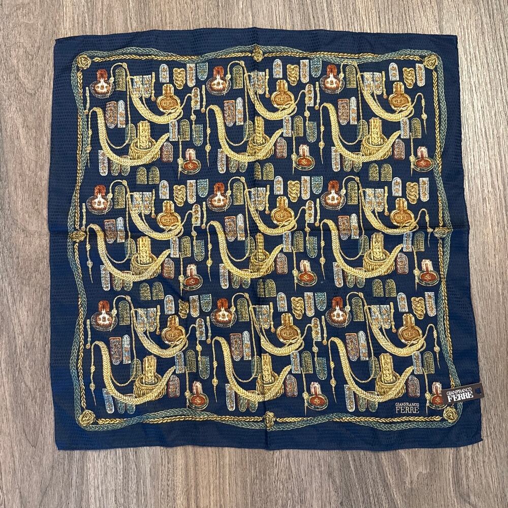 Gianfranco Ferré Paris silk scarf with repeating gold and brown perfume pattern